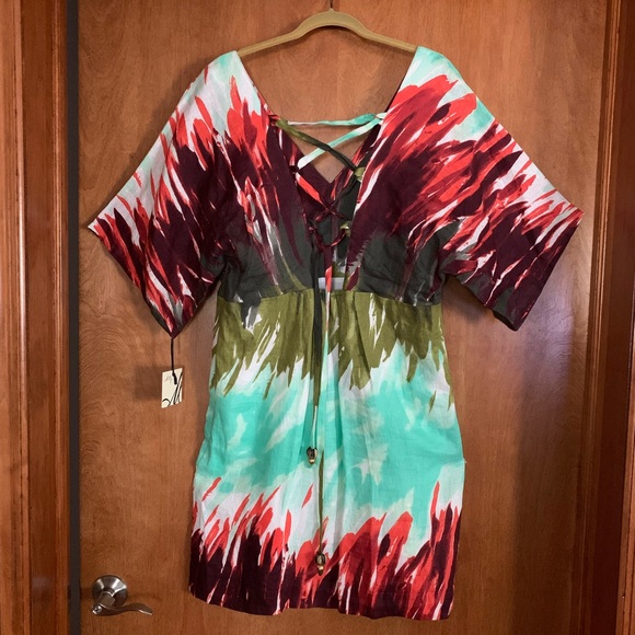 Milly Linen V-Neck Lace-up Back Dress - Picture 2 of 8